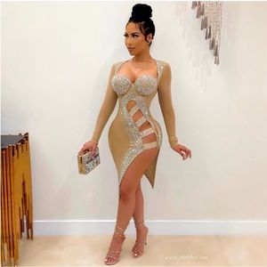 PoshByV Aura Crystal Sheer Mesh Embellished Rhinestone Dress Posh By V